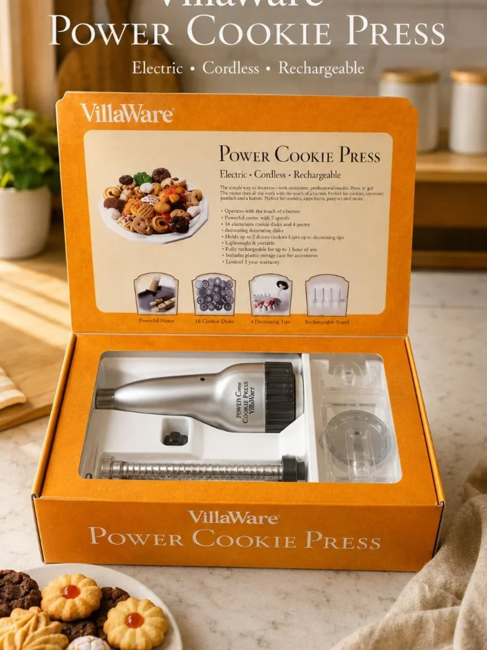 VillaWare Power Cookie Press Cordless Rechargeable Discs 4 Icing Tips Boxed